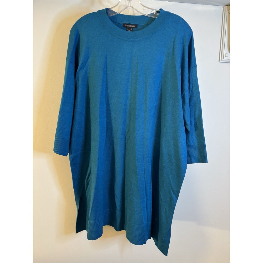 EILEEN FISHER Teal Blue Tencel Knit‎ Tunic Sweater L Lagenlook